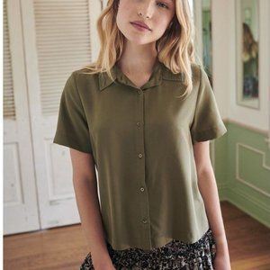 Quince Olive Green Washable Stretch Silk Short Sleeve Blouse